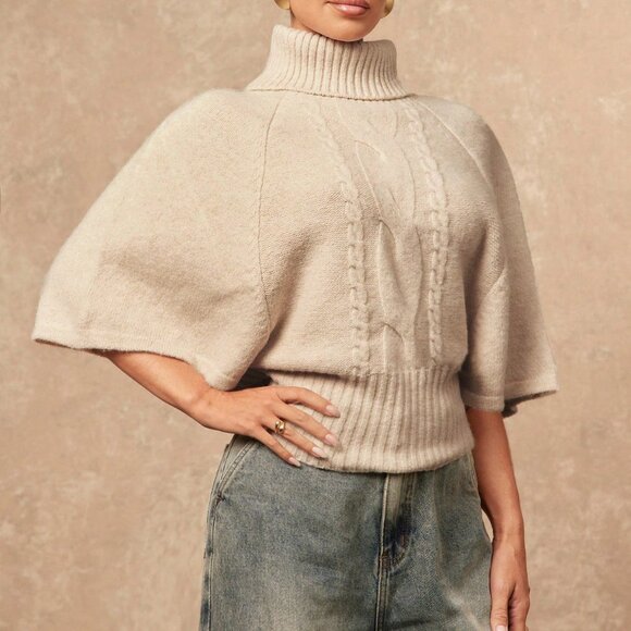 Khaki Casual Women's Cinched Waist Batwing Textured Turtleneck Sweater - Picture 5 of 8